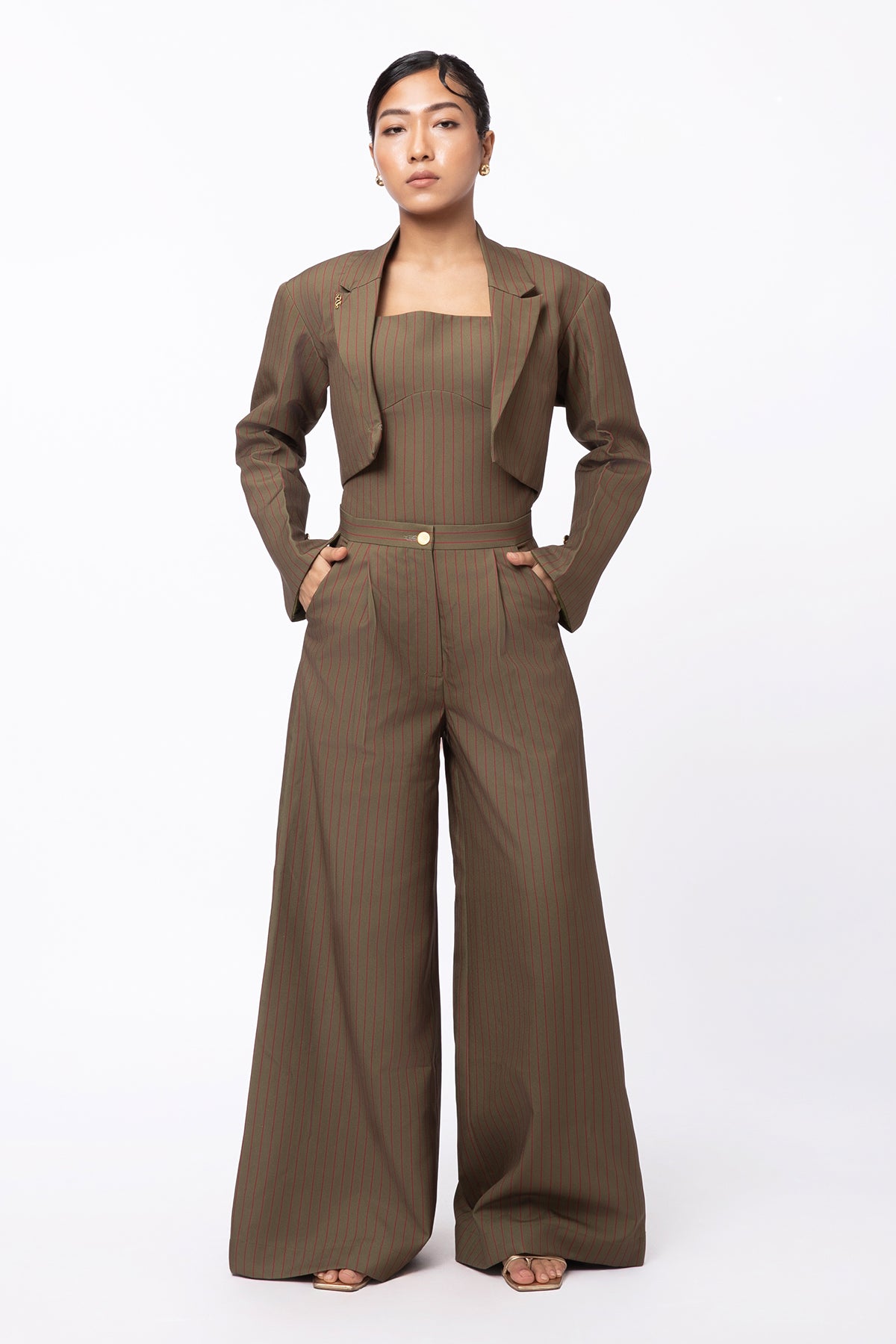 Still Stripe Crop Blazer - Olive