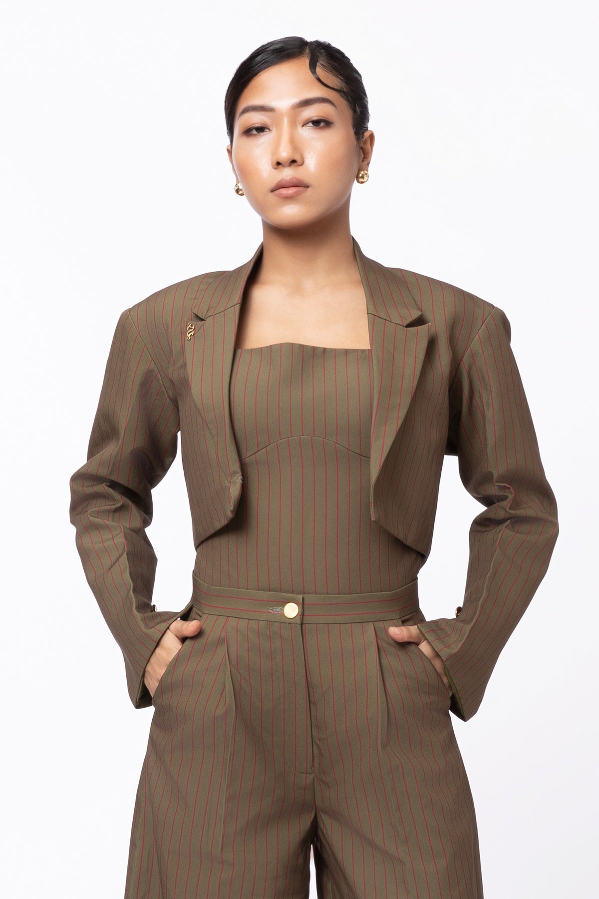 Still Stripe Crop Blazer - Olive