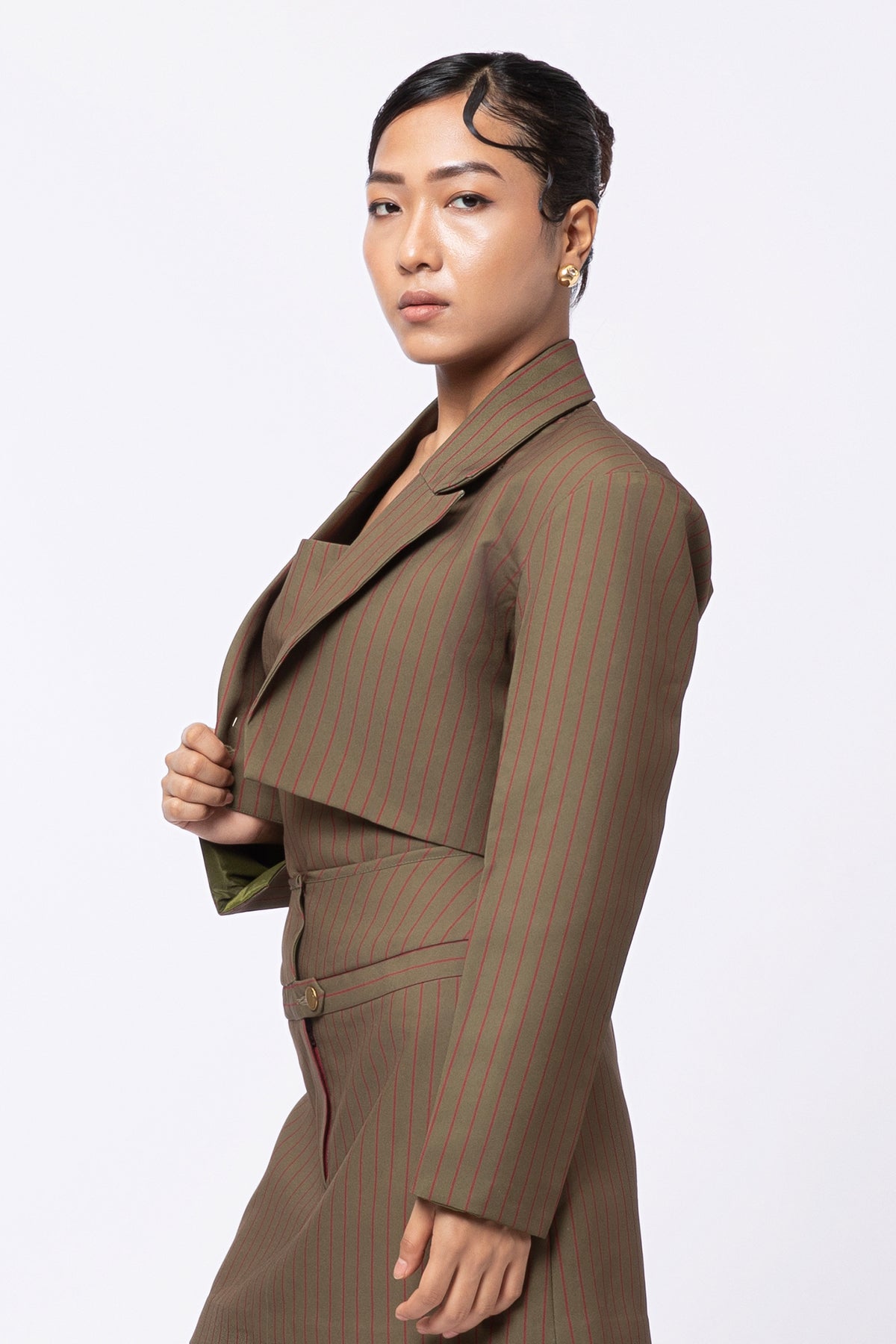 Ease Stripe Crop Blazer - Olive